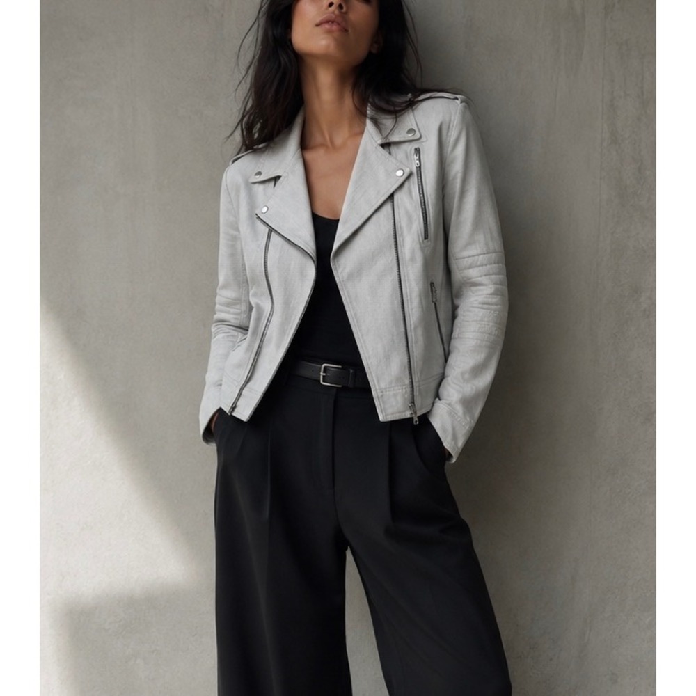 MARNA RO Denim Asymmetrical Zip Moto Jacket